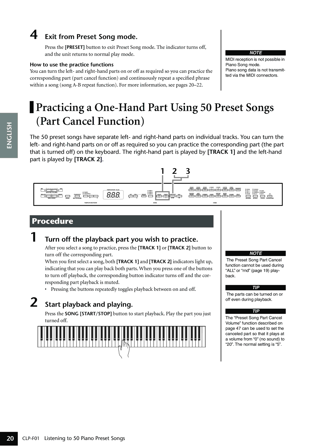 Yamaha CLP-F01 Exit from Preset Song mode, Turn off the playback part you wish to practice, Start playback and playing 