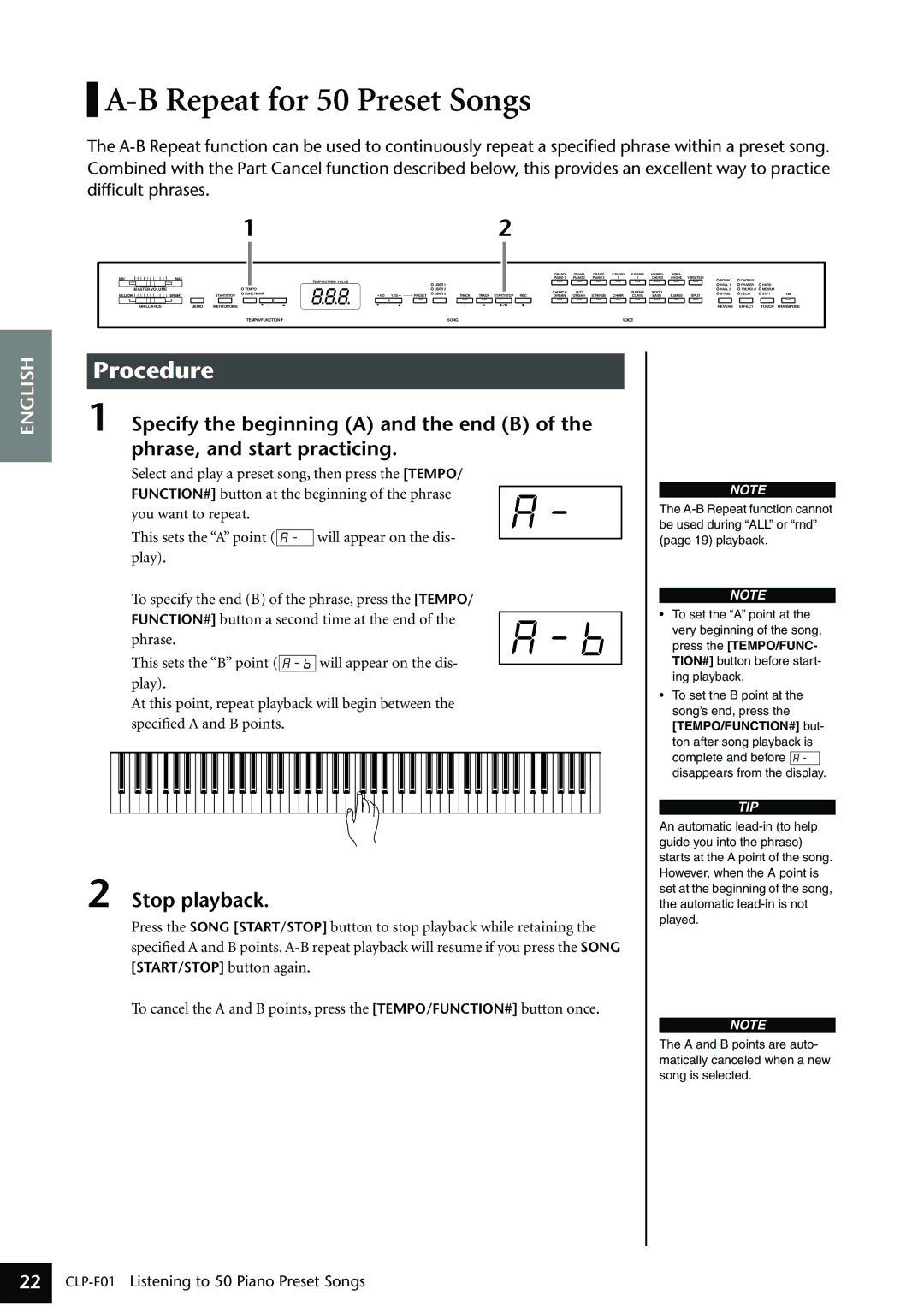 Yamaha CLP-F01 owner manual Repeat for 50 Preset Songs, Will appear on the dis 