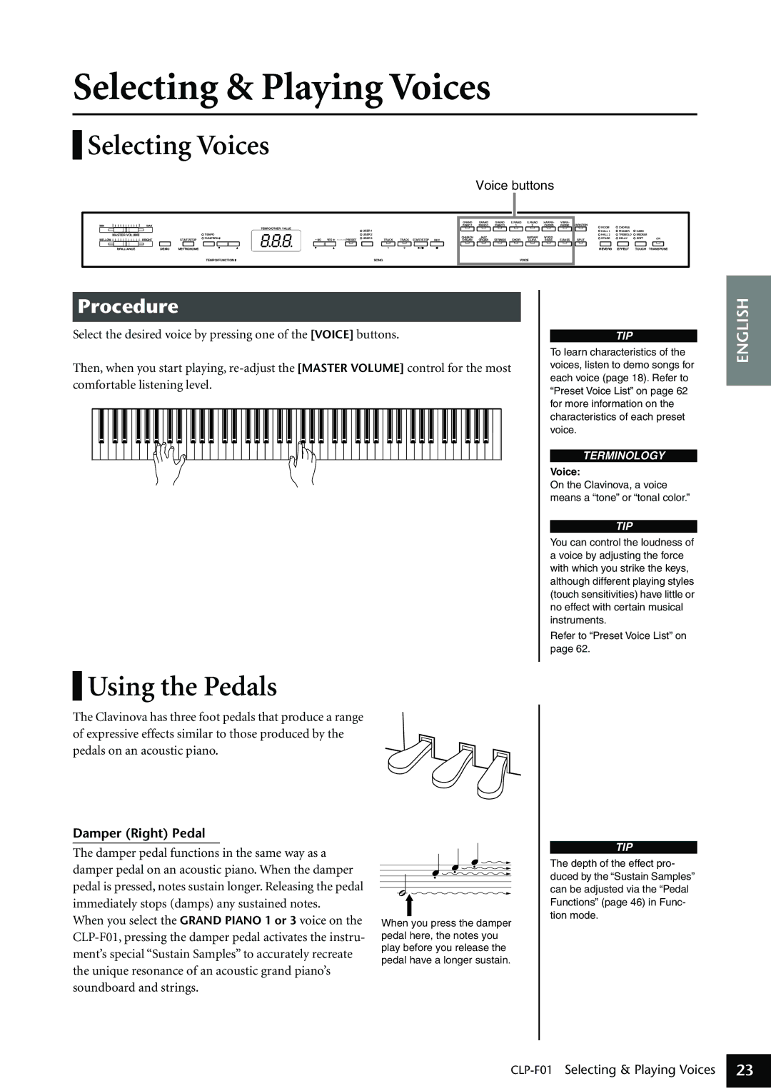 Yamaha CLP-F01 owner manual Selecting & Playing Voices, Selecting Voices, Using the Pedals, Damper Right Pedal 