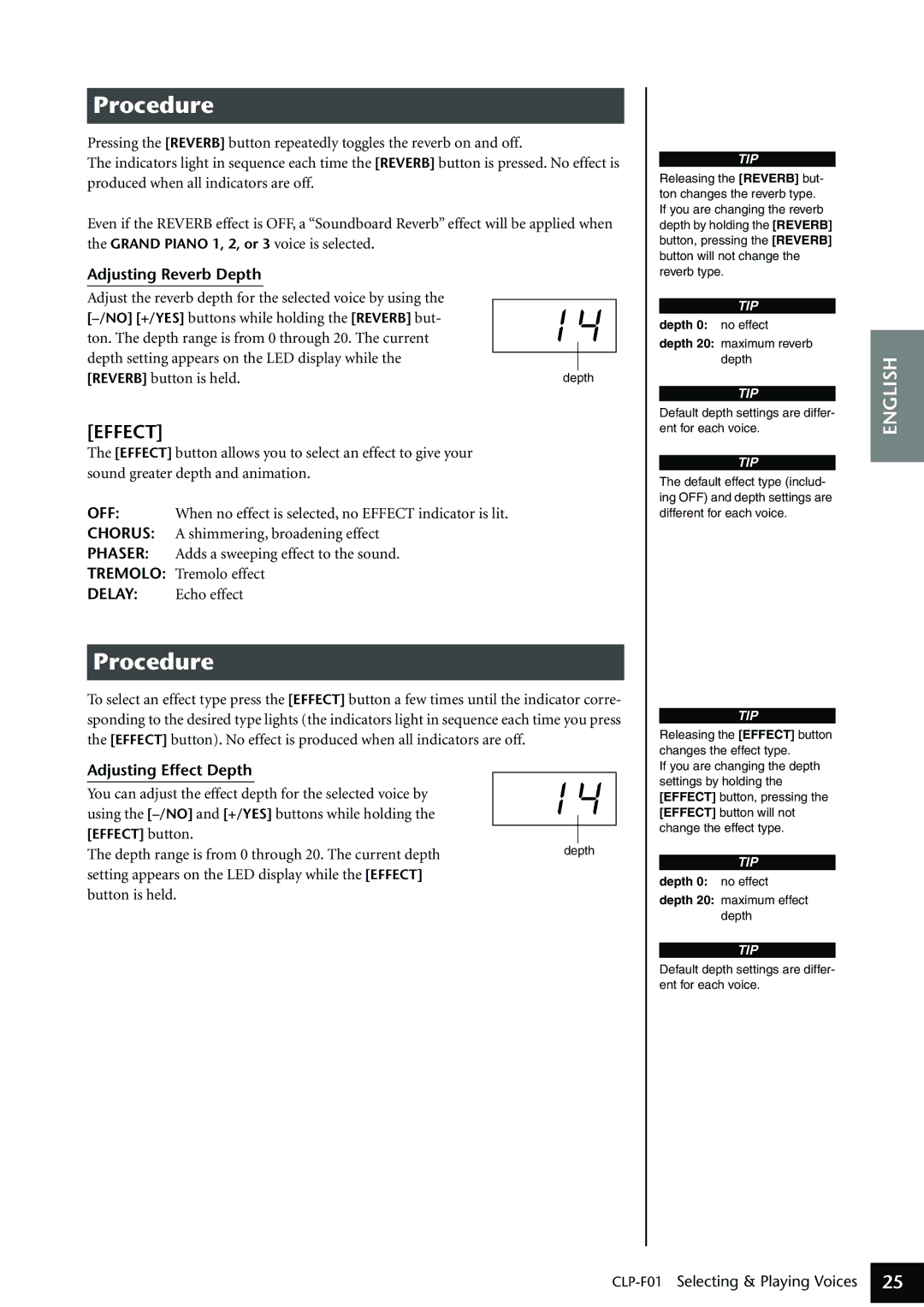 Yamaha CLP-F01 owner manual Adjusting Reverb Depth, Adjusting Effect Depth, Depth 0 no effect 