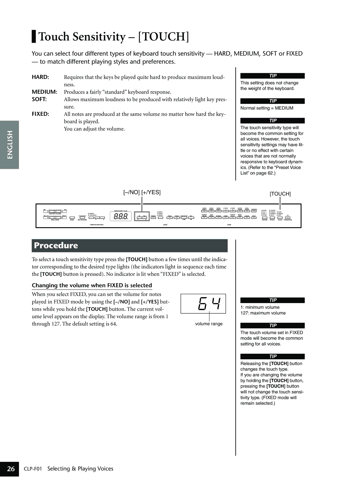 Yamaha CLP-F01 owner manual Touch Sensitivity Touch, Changing the volume when Fixed is selected 