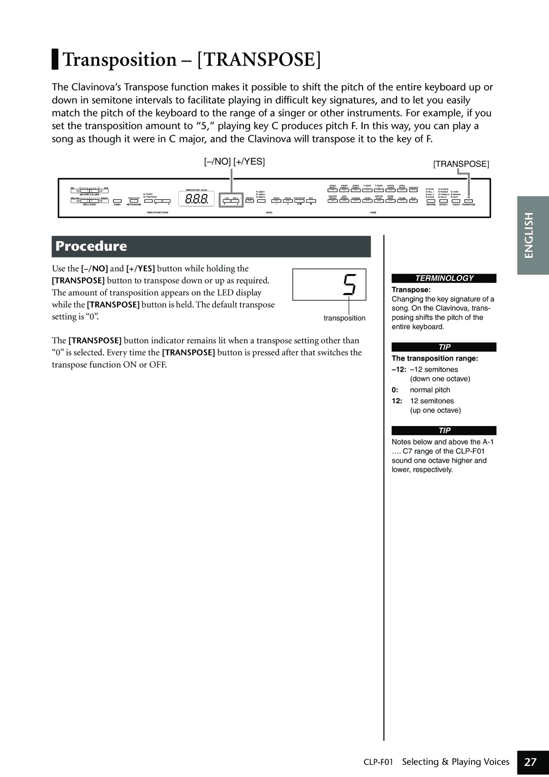 Yamaha CLP-F01 owner manual Transposition Transpose 