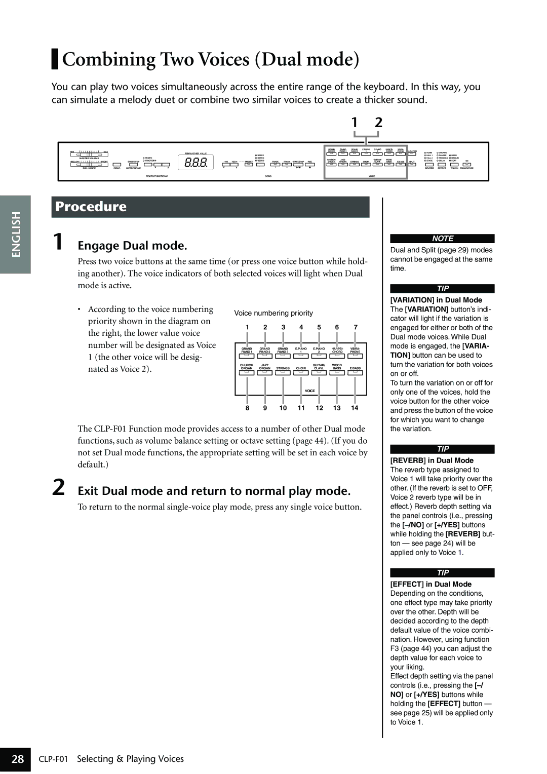 Yamaha CLP-F01 owner manual Combining Two Voices Dual mode, Engage Dual mode, Exit Dual mode and return to normal play mode 