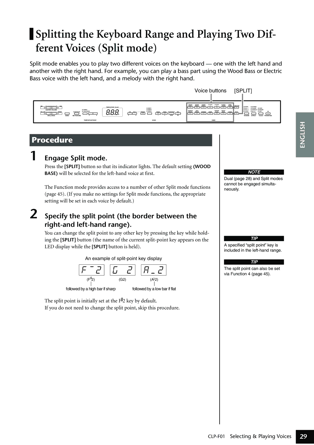 Yamaha CLP-F01 owner manual Engage Split mode 