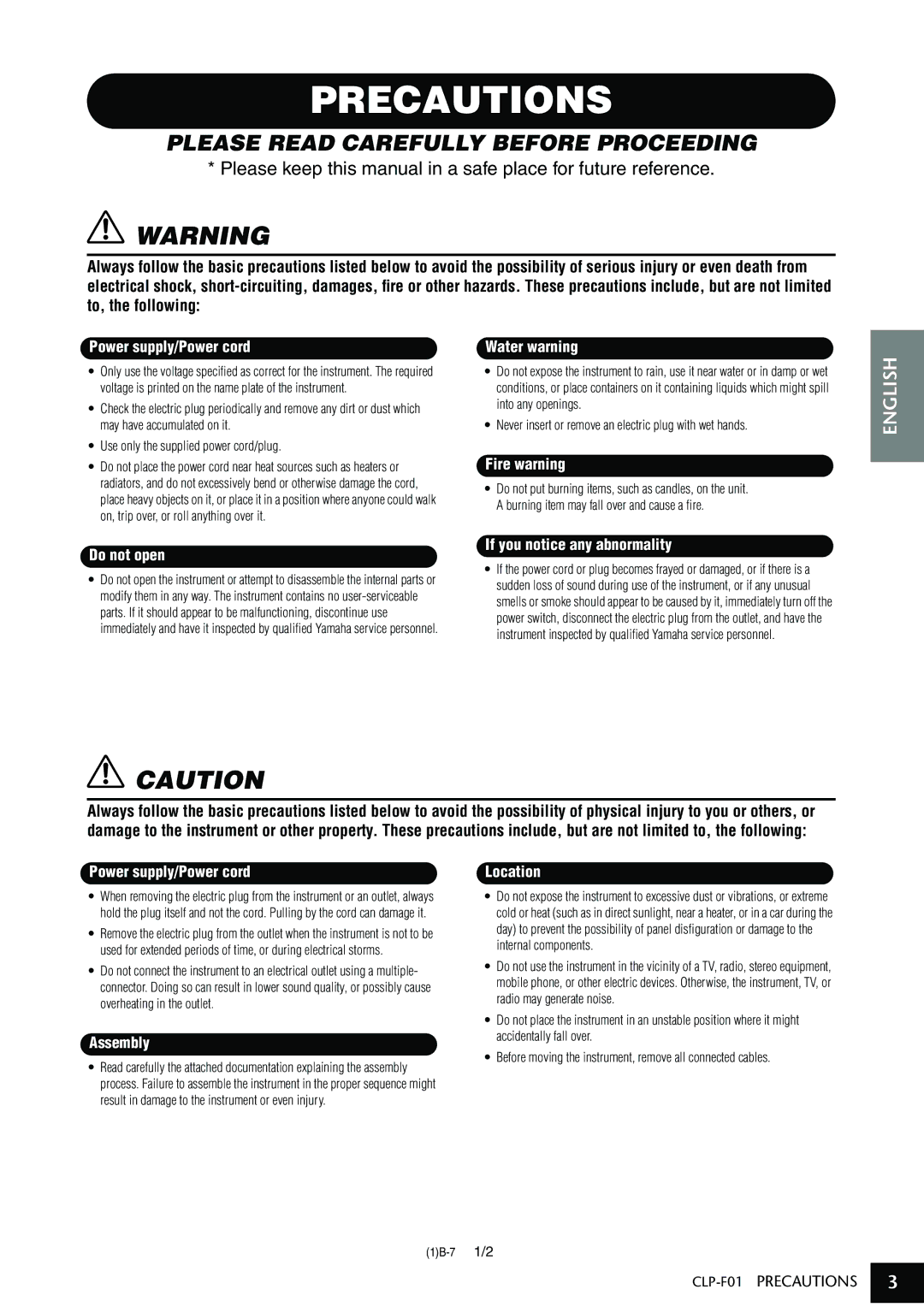 Yamaha CLP-F01 owner manual Precautions 