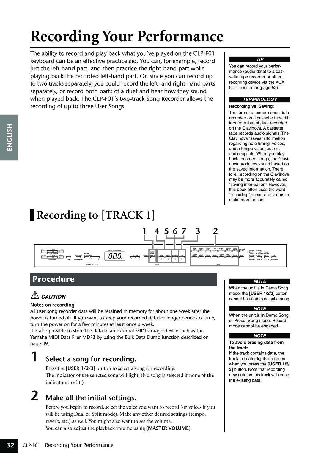 Yamaha CLP-F01 owner manual Recording Your Performance, Select a song for recording, Make all the initial settings 