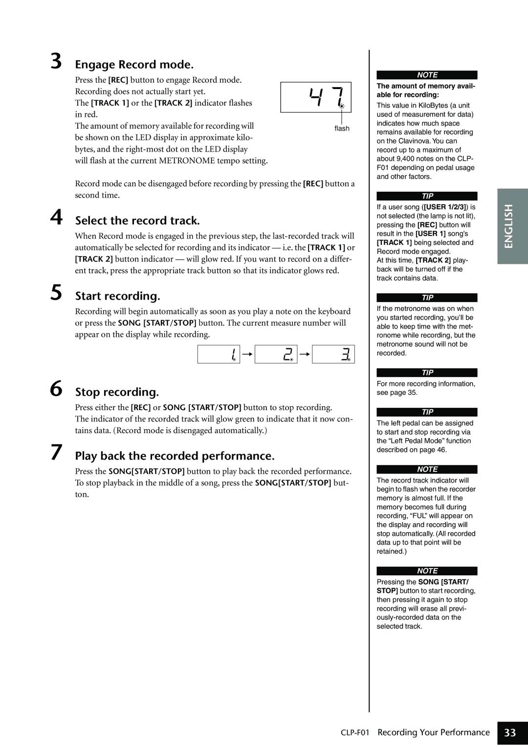 Yamaha CLP-F01 owner manual Engage Record mode, Select the record track, Start recording, Stop recording 