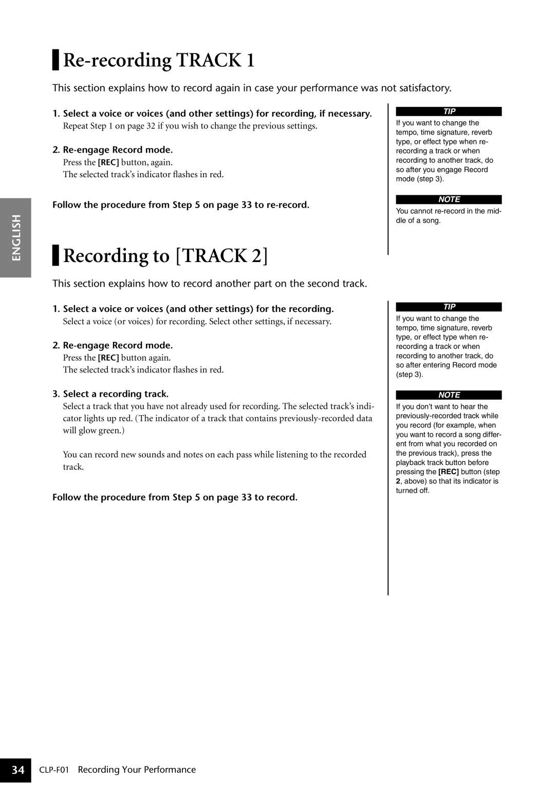 Yamaha CLP-F01 owner manual Re-recording Track, Recording to Track 