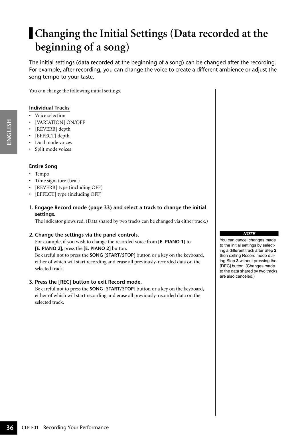 Yamaha CLP-F01 owner manual You can change the following initial settings, Change the settings via the panel controls 