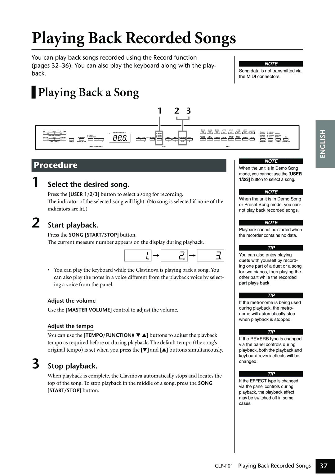 Yamaha CLP-F01 Playing Back Recorded Songs, Playing Back a Song, Select the desired song, Start playback, Midi connectors 