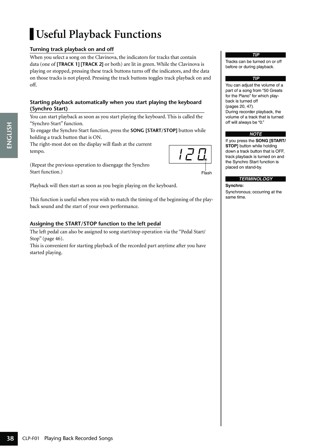 Yamaha CLP-F01 owner manual Useful Playback Functions, Turning track playback on and off, Synchro 