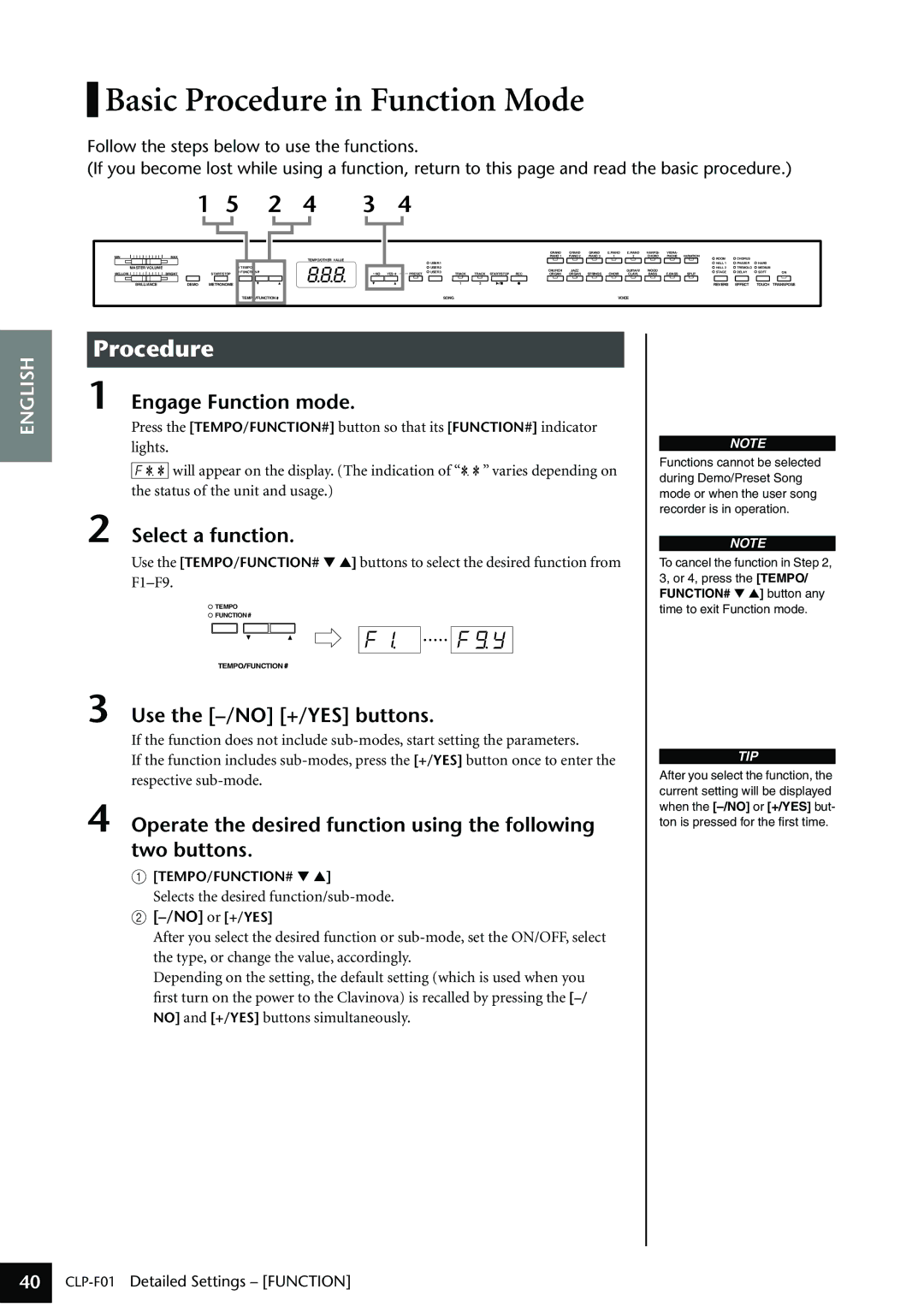 Yamaha CLP-F01 Basic Procedure in Function Mode, Engage Function mode, Select a function, Use the -/NO +/YES buttons 