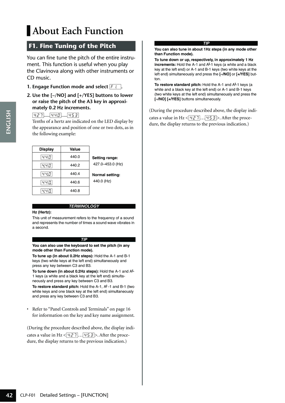 Yamaha CLP-F01 owner manual About Each Function, Display Value, Setting range, Hz Hertz 