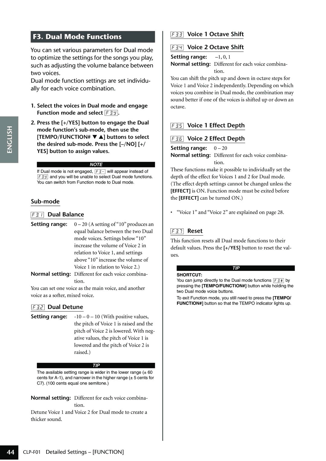 Yamaha CLP-F01 owner manual Sub-mode Dual Balance, Dual Detune, Voice 1 Octave Shift Voice 2 Octave Shift, Reset 