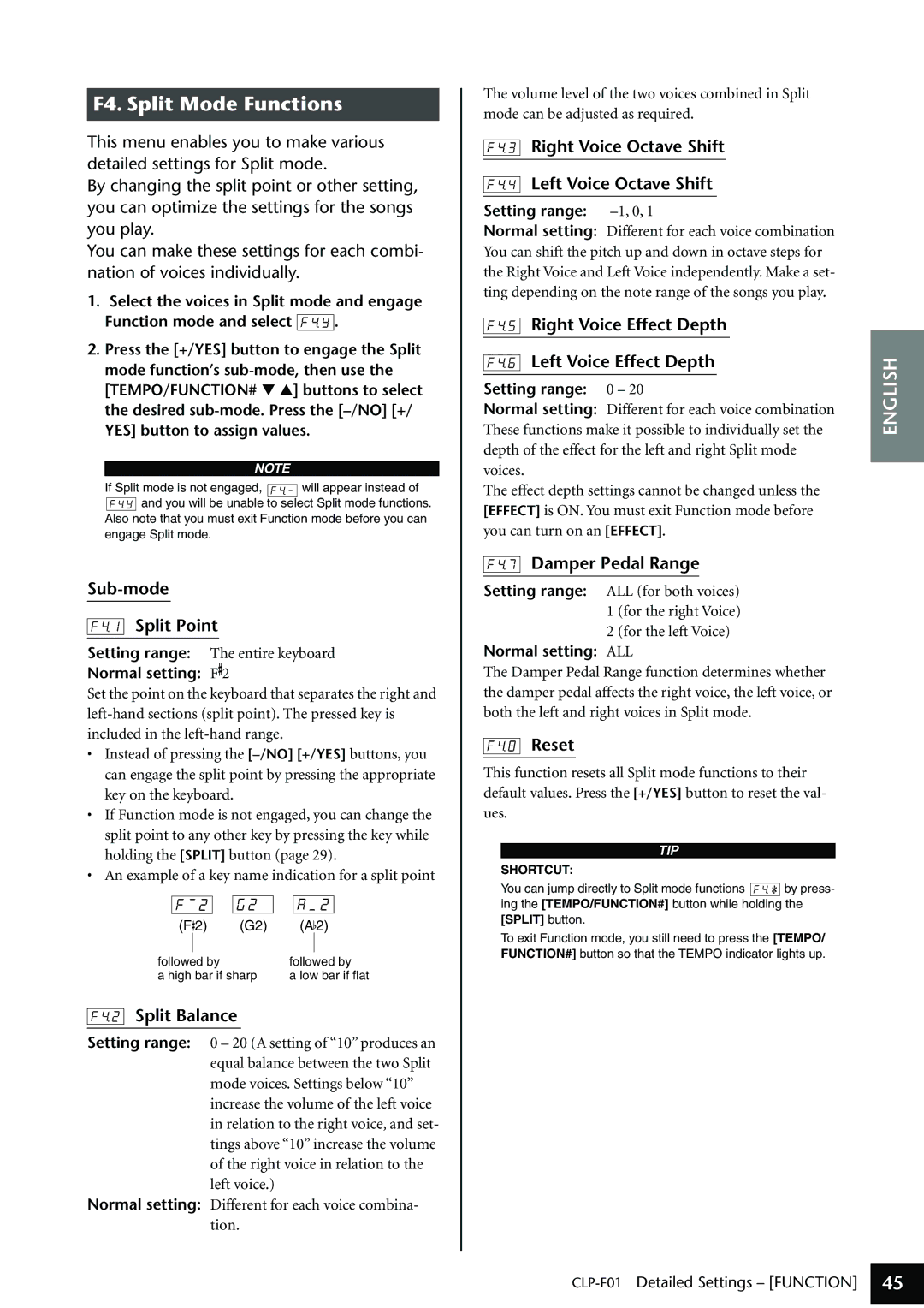 Yamaha CLP-F01 Sub-mode Split Point, Split Balance, Right Voice Octave Shift Left Voice Octave Shift, Damper Pedal Range 