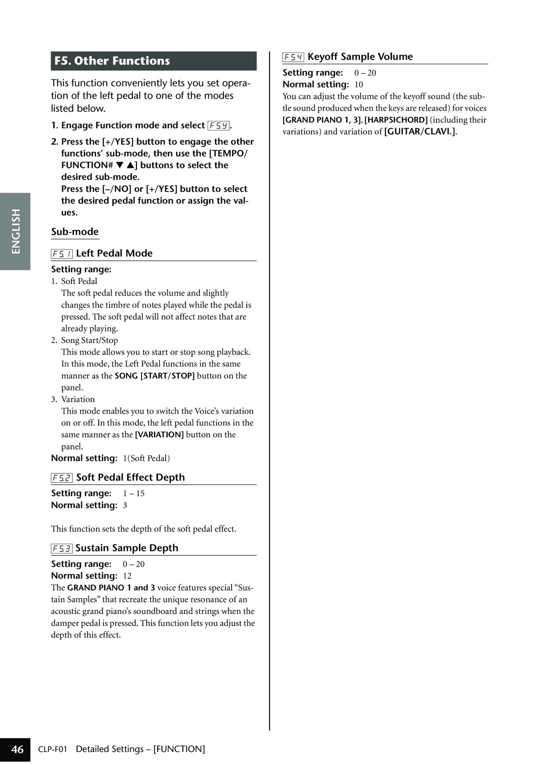 Yamaha CLP-F01 owner manual Sub-mode Left Pedal Mode, Soft Pedal Effect Depth, Sustain Sample Depth, Keyoff Sample Volume 