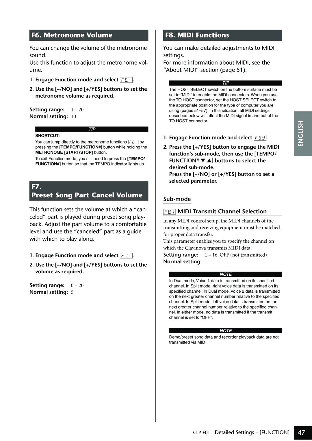 Yamaha CLP-F01 owner manual F6. Metronome Volume, Sub-mode Midi Transmit Channel Selection 