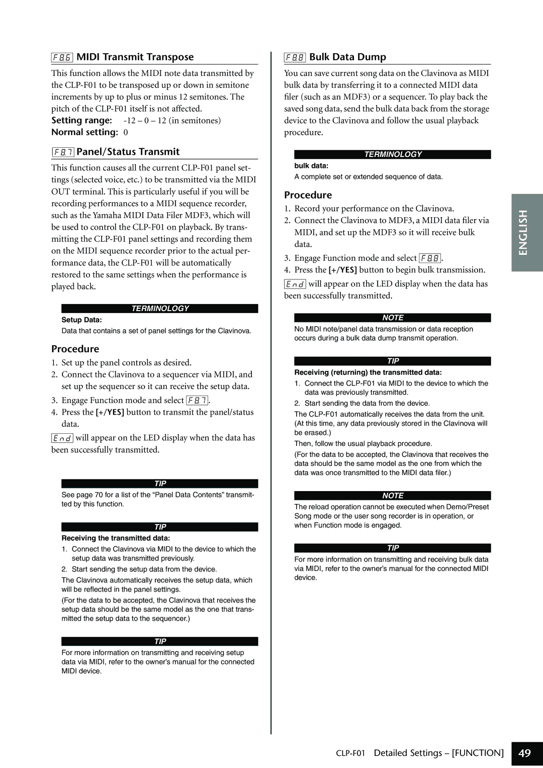 Yamaha CLP-F01 owner manual Midi Transmit Transpose, Panel/Status Transmit, Procedure, Bulk Data Dump 