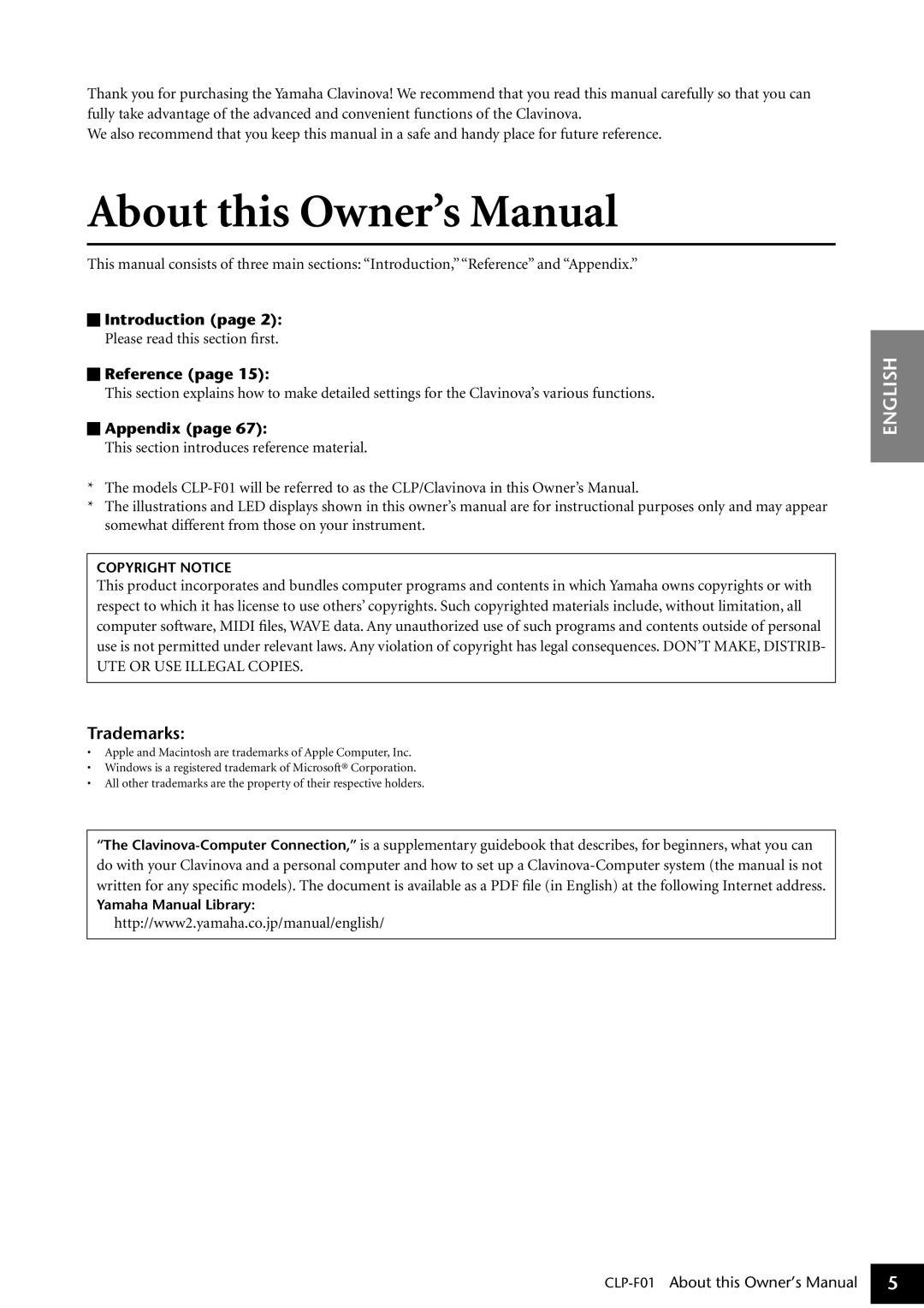 Yamaha CLP-F01 owner manual Trademarks, Introduction, Reference, Appendix 