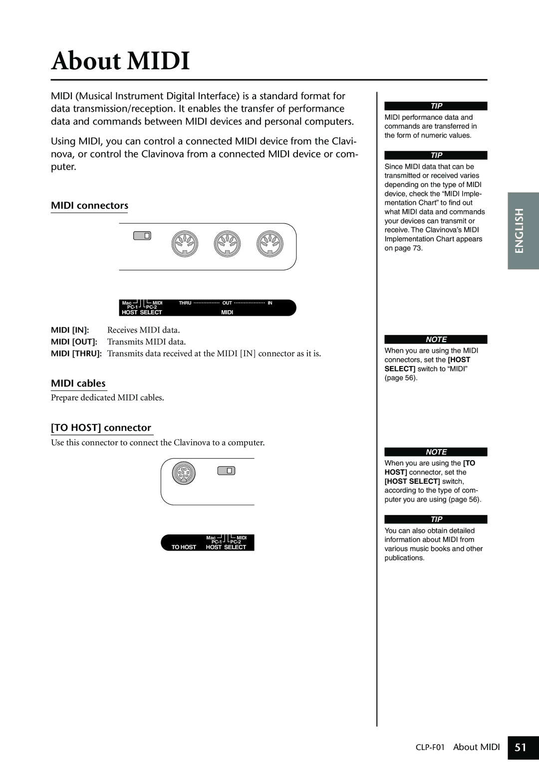 Yamaha CLP-F01 owner manual About Midi, Midi connectors, Midi cables, To Host connector 