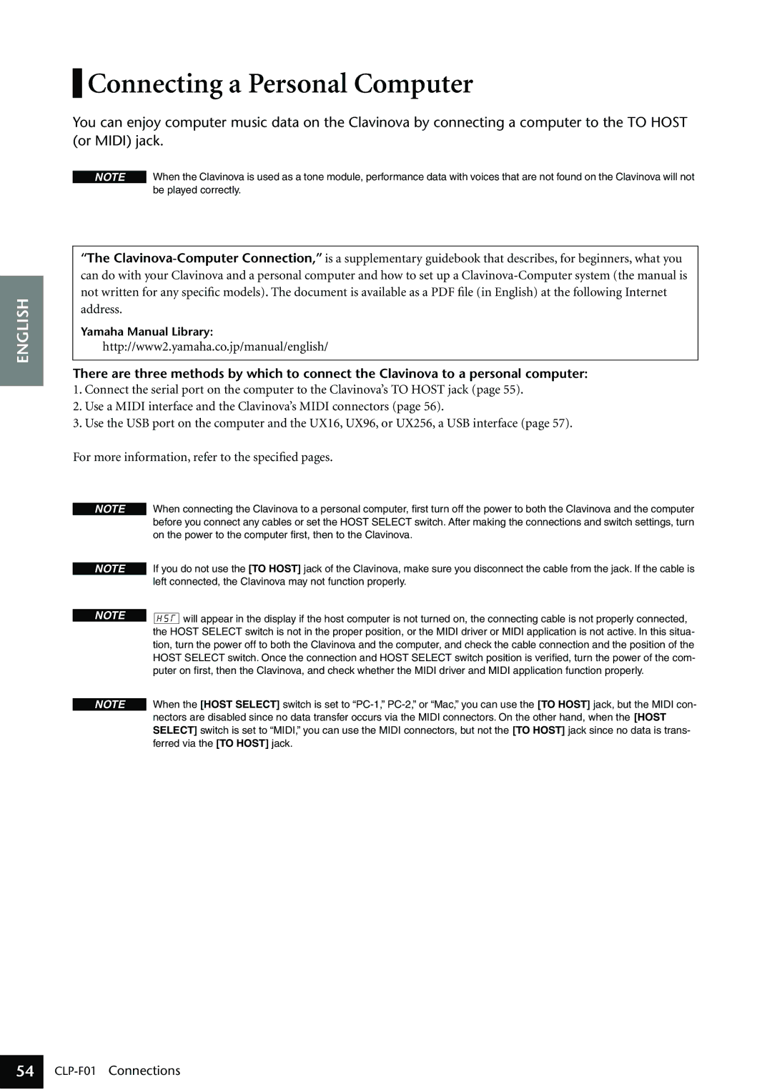 Yamaha CLP-F01 owner manual Connecting a Personal Computer, On the power to the computer ﬁrst, then to the Clavinova 