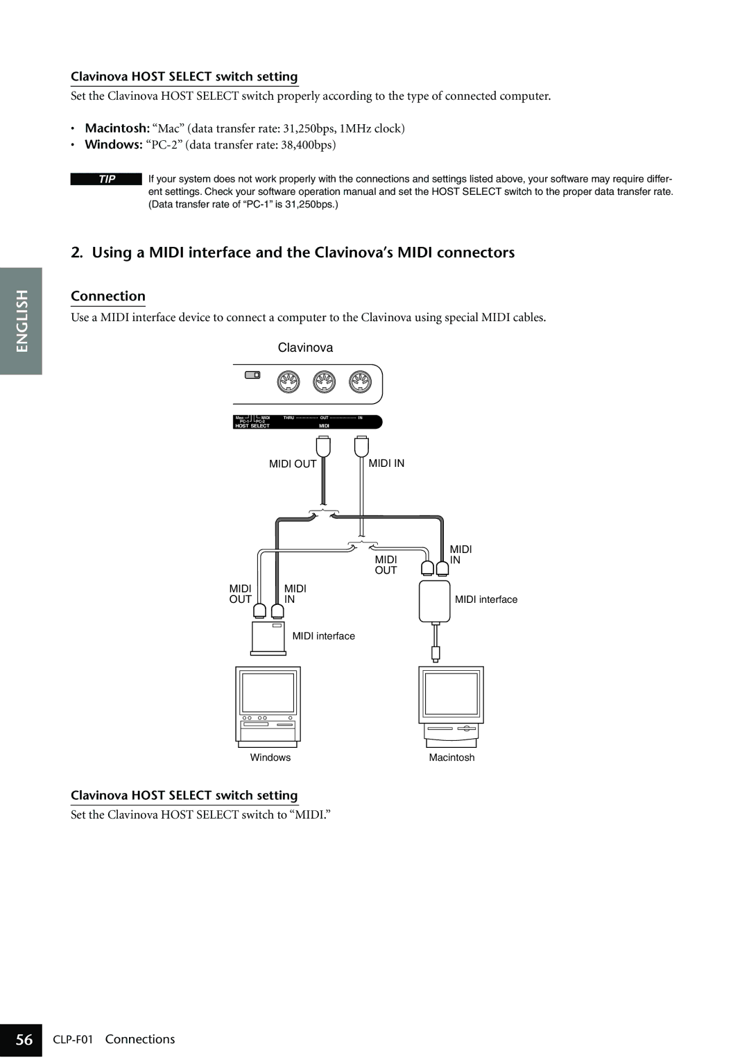 Yamaha CLP-F01 owner manual Connection, Clavinova Host Select switch setting, Set the Clavinova Host Select switch to Midi 