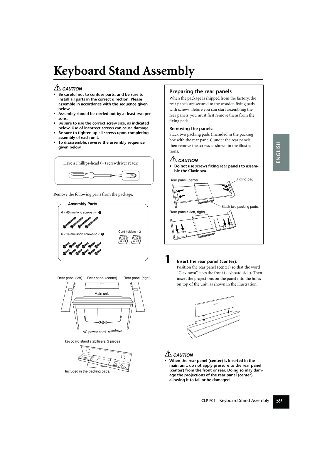 Yamaha CLP-F01 owner manual Keyboard Stand Assembly, Removing the panels, Insert the rear panel center 