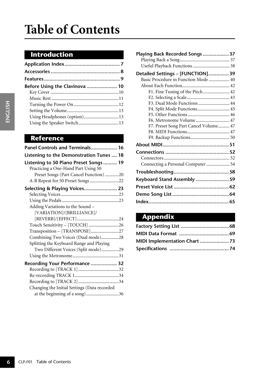 Yamaha CLP-F01 owner manual Table of Contents 