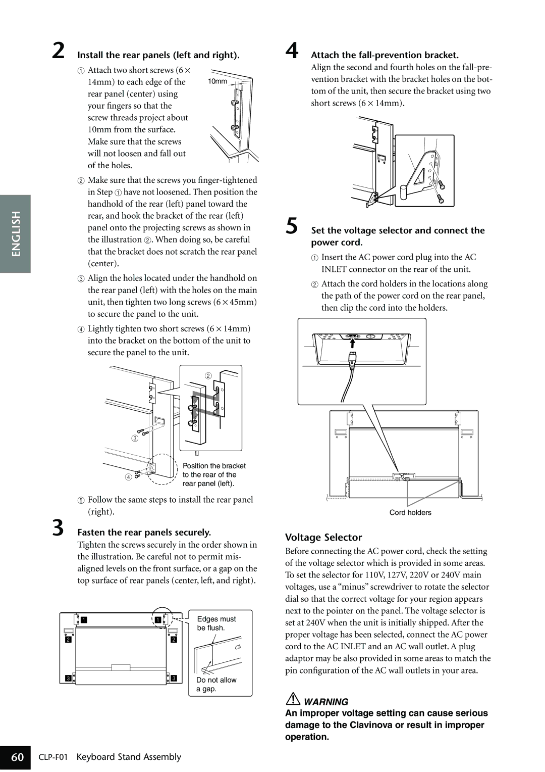 Yamaha CLP-F01 owner manual Voltage Selector, Install the rear panels left and right, Fasten the rear panels securely 