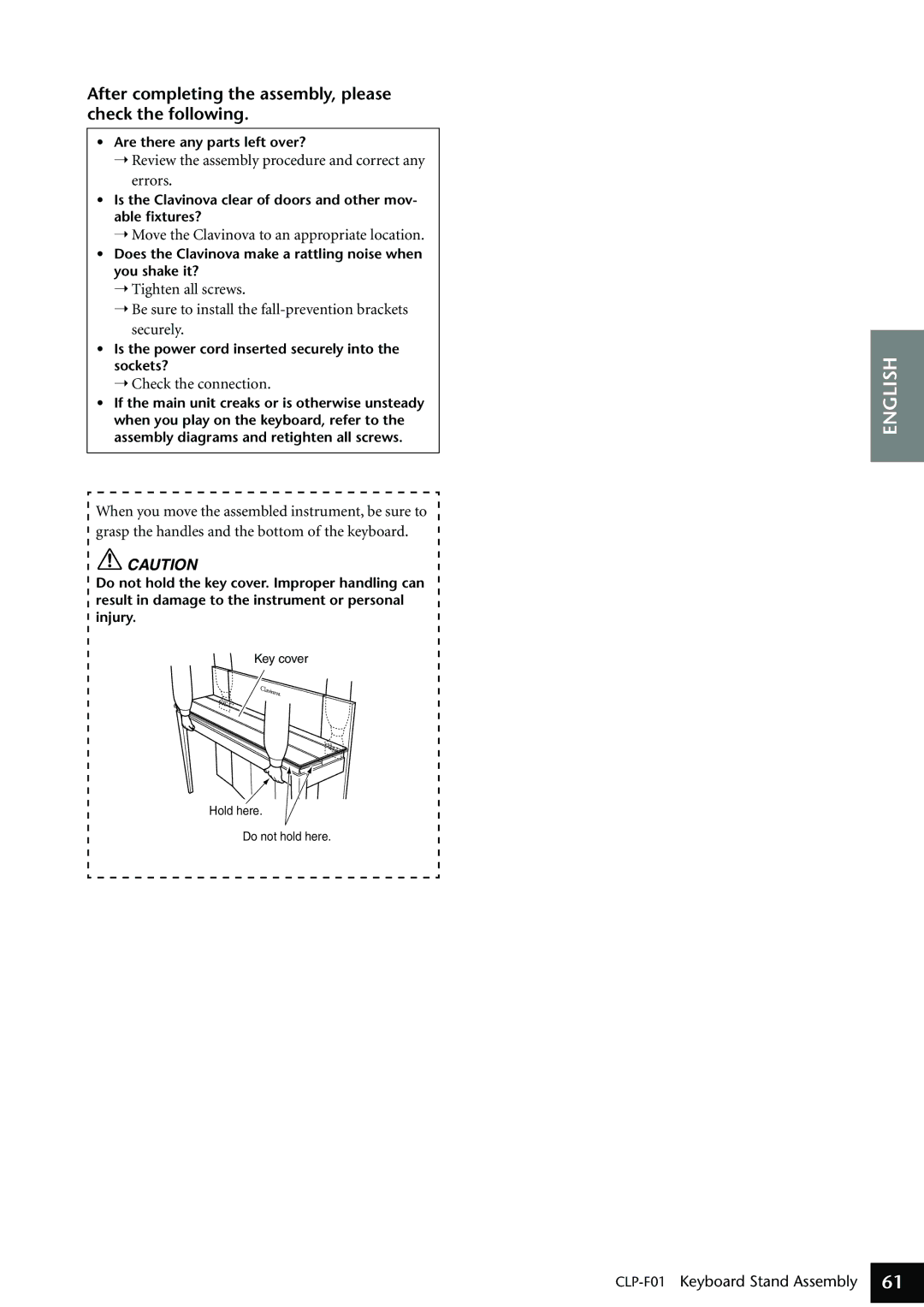 Yamaha CLP-F01 After completing the assembly, please check the following, Move the Clavinova to an appropriate location 