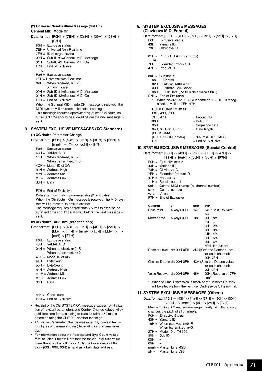 Yamaha CLP-F01 owner manual General Midi Mode On, Data format F0H 7EH XnH 09H 01H F7H 