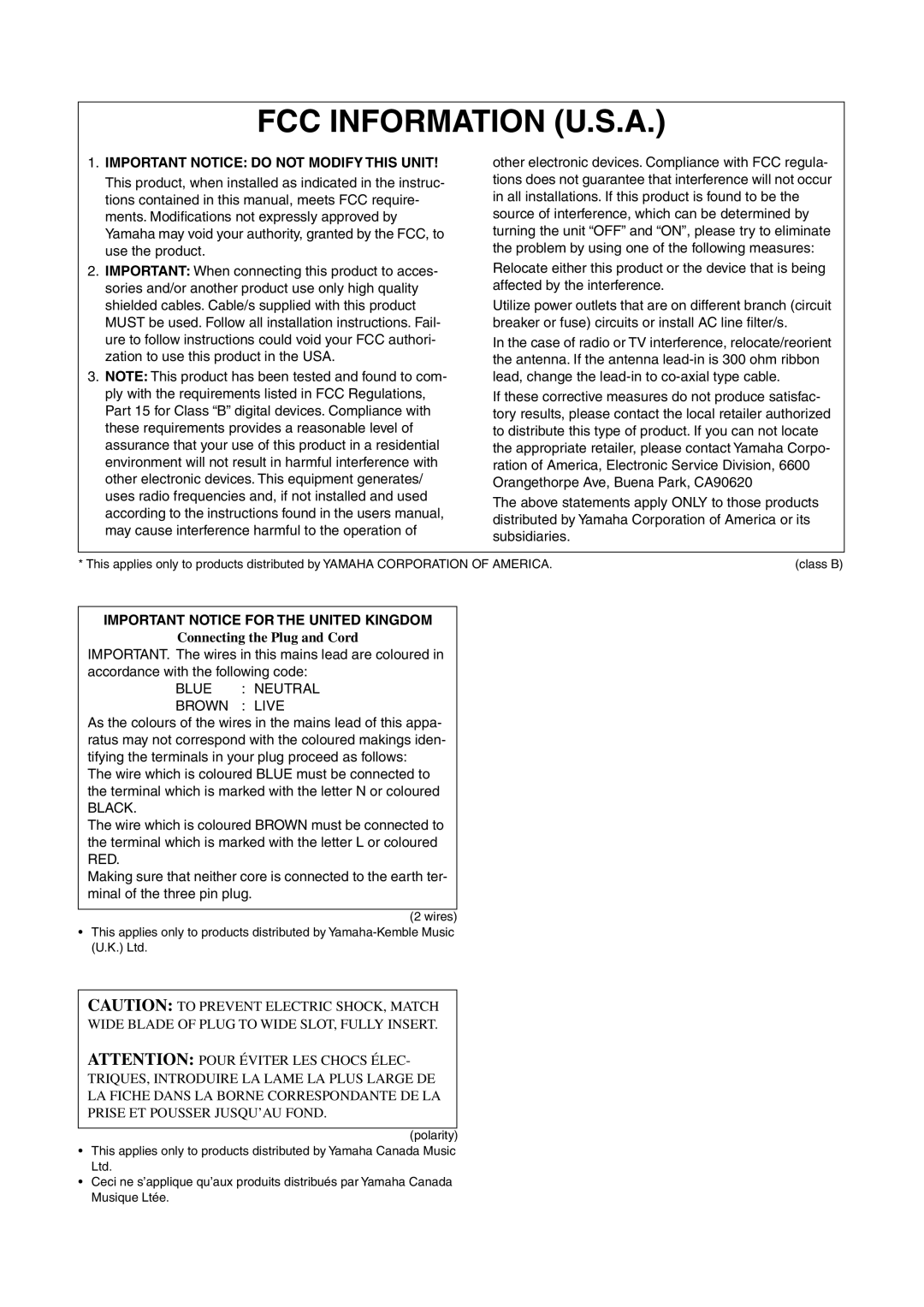 Yamaha CLP-F01 owner manual FCC Information U.S.A 