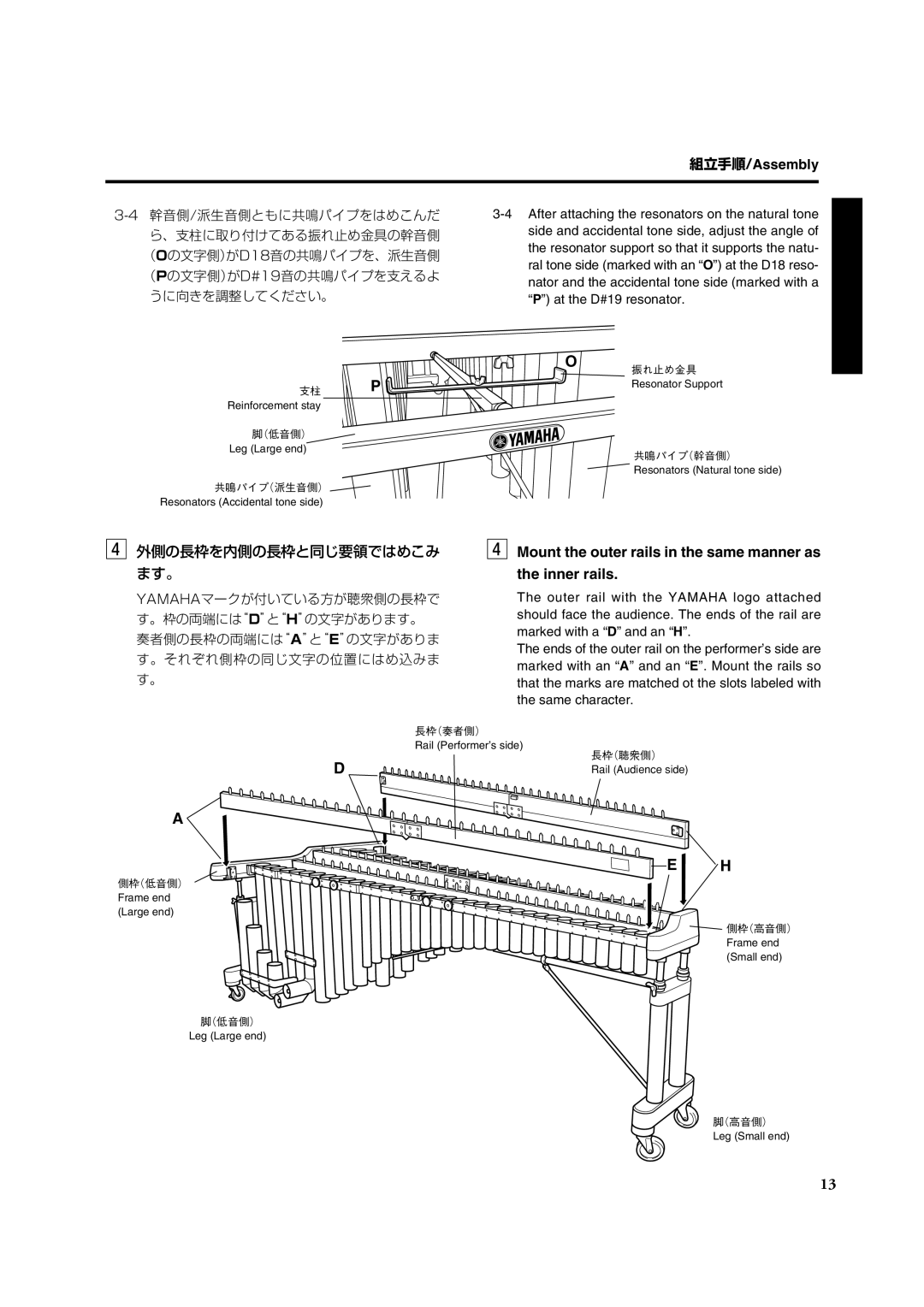 Yamaha YM6100, Concert Marimba 外側の長枠を内側の長枠と同じ要領ではめこみ ます。, Mount the outer rails in the same manner as the inner rails 