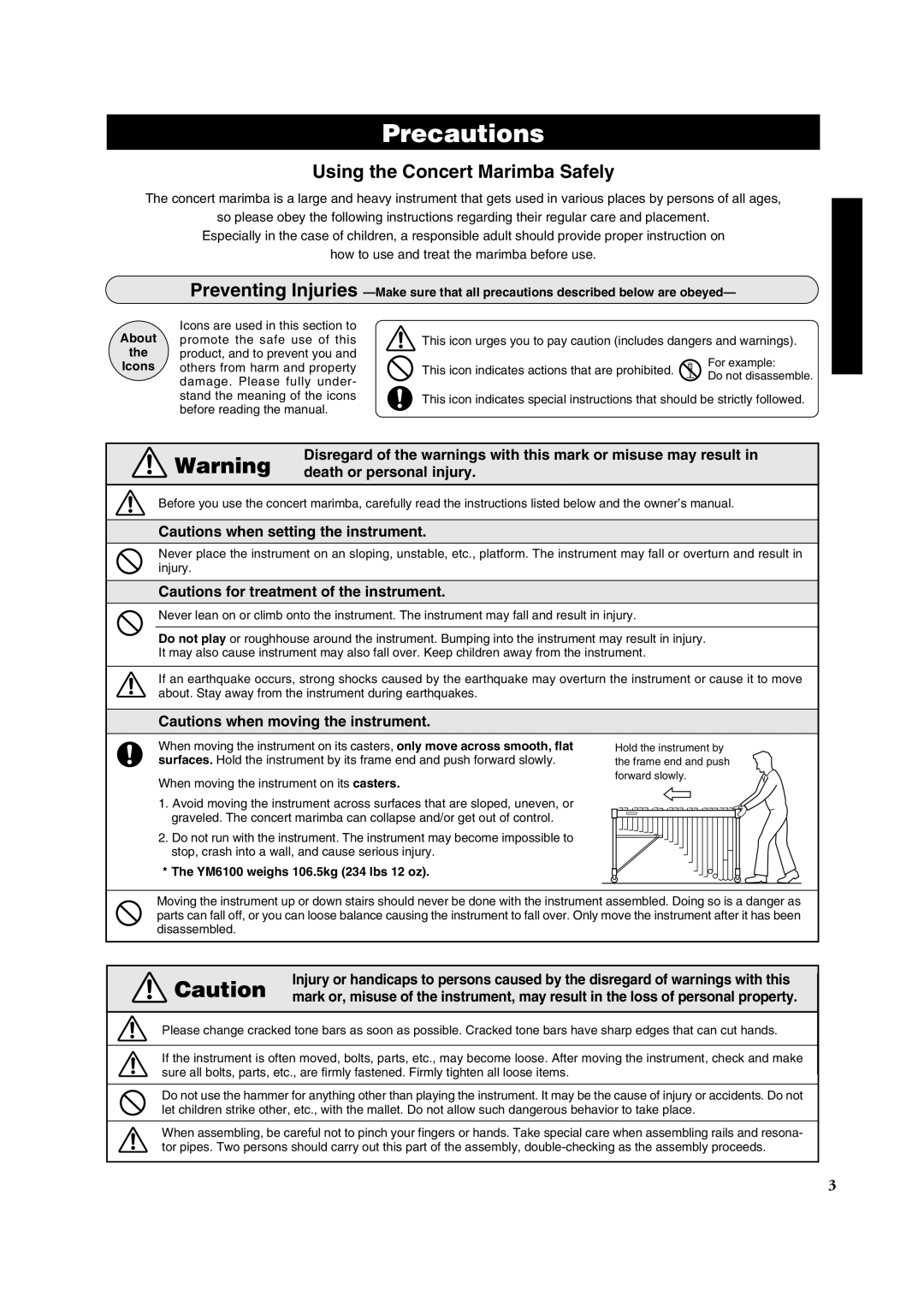 Yamaha YM6100, Concert Marimba owner manual Precautions, Death or personal injury 