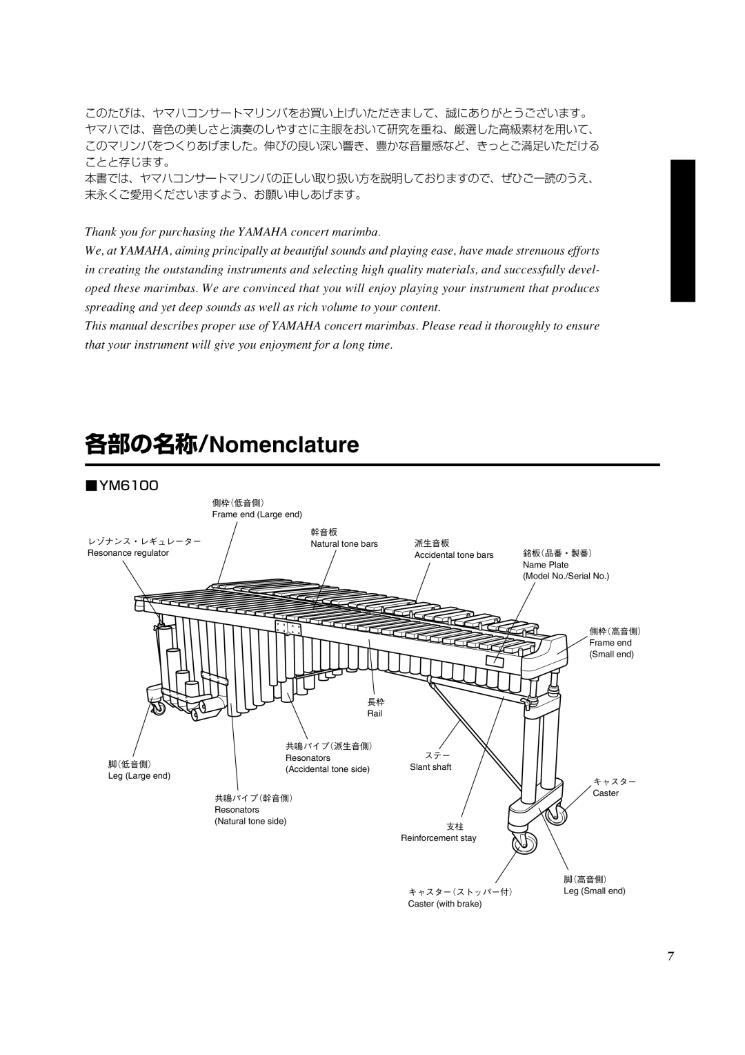 Yamaha YM6100, Concert Marimba owner manual 各部の名称/Nomenclature 
