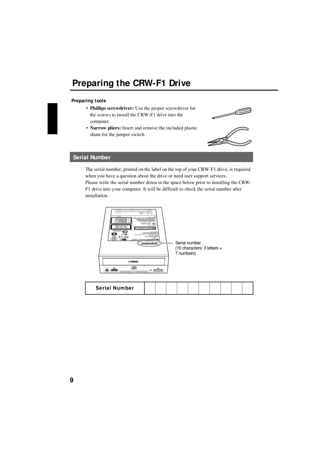 Yamaha CRW-F1-NB manual Preparing the CRW-F1 Drive, Serial Number, Preparing tools 