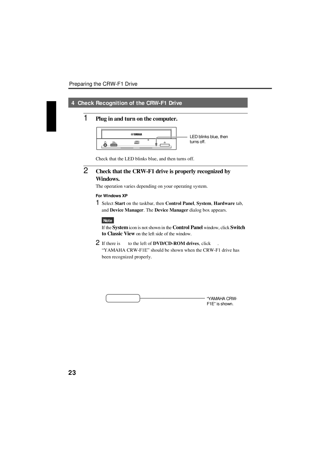 Yamaha CRW-F1-NB manual Check Recognition of the CRW-F1 Drive, For Windows XP 
