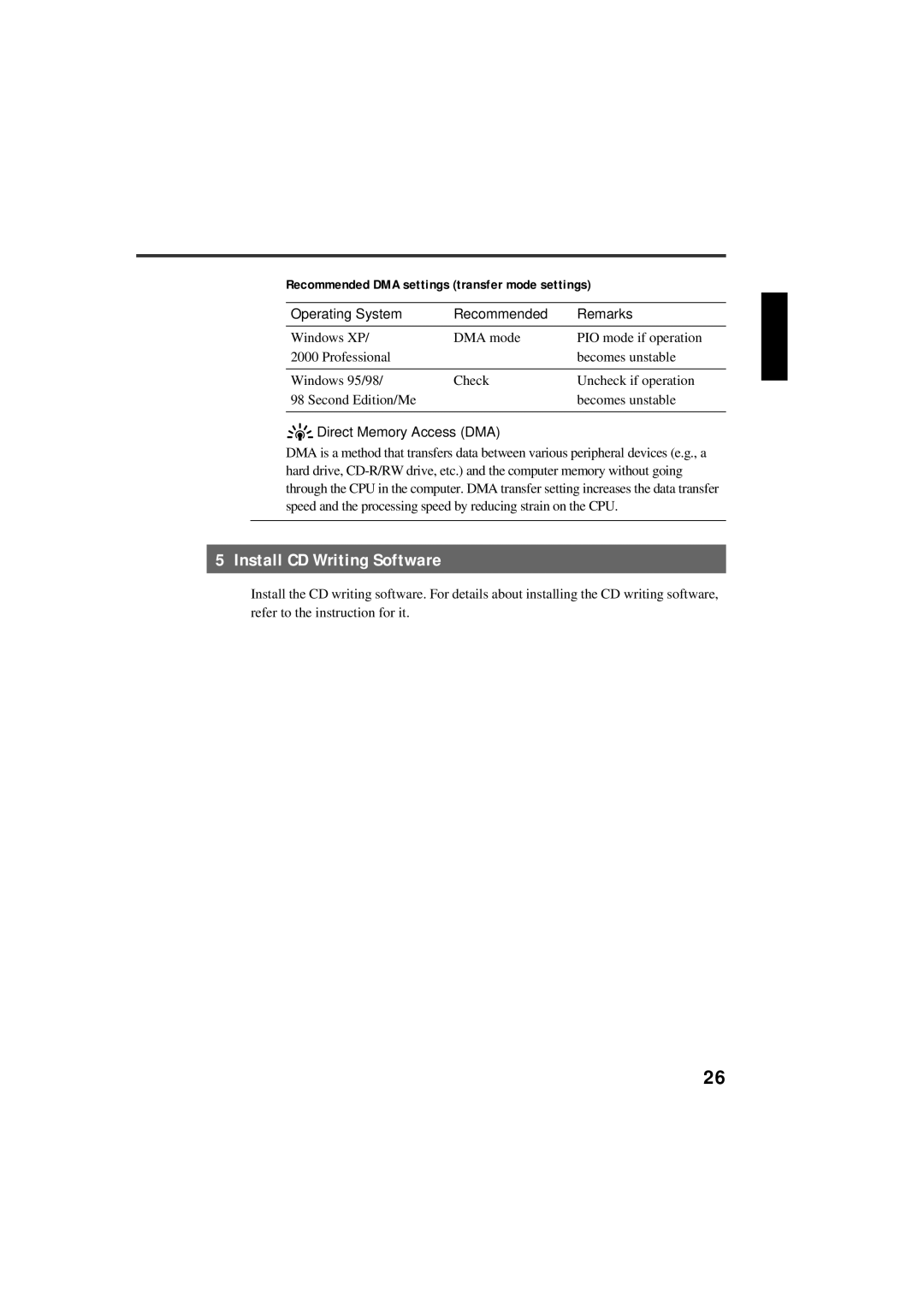 Yamaha CRW-F1-NB Install CD Writing Software, Recommended DMA settings transfer mode settings, Direct Memory Access DMA 