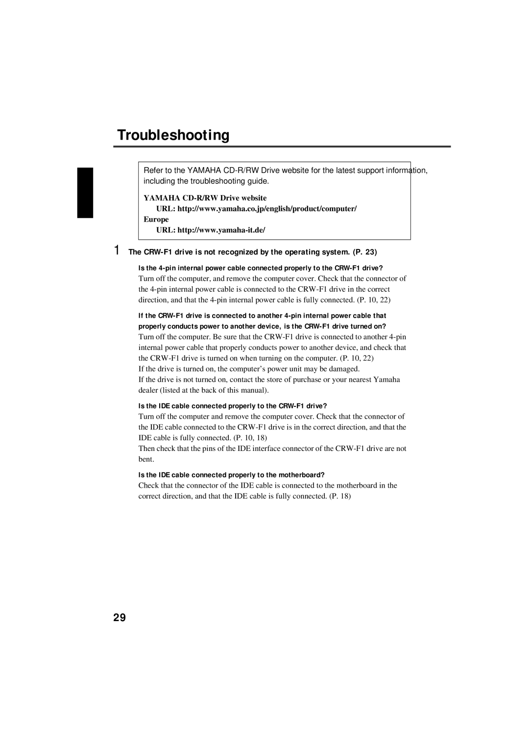 Yamaha CRW-F1-NB manual Troubleshooting, CRW-F1 drive is not recognized by the operating system. P 