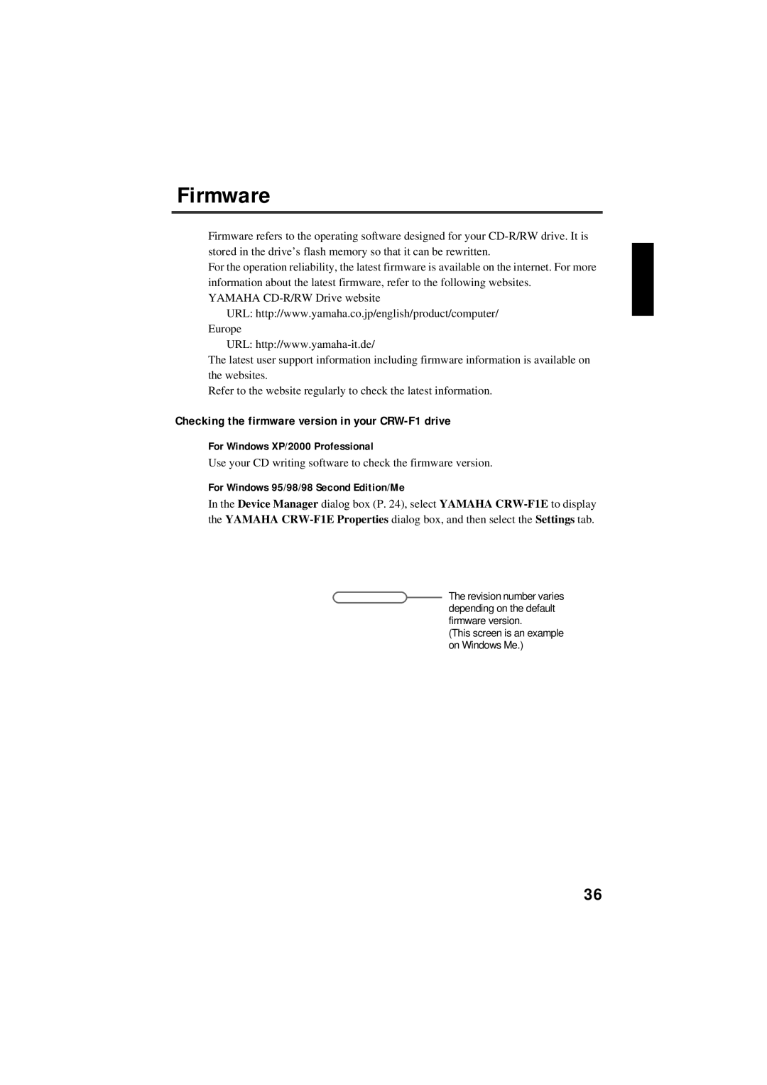 Yamaha CRW-F1-NB manual Firmware, Checking the firmware version in your CRW-F1 drive 