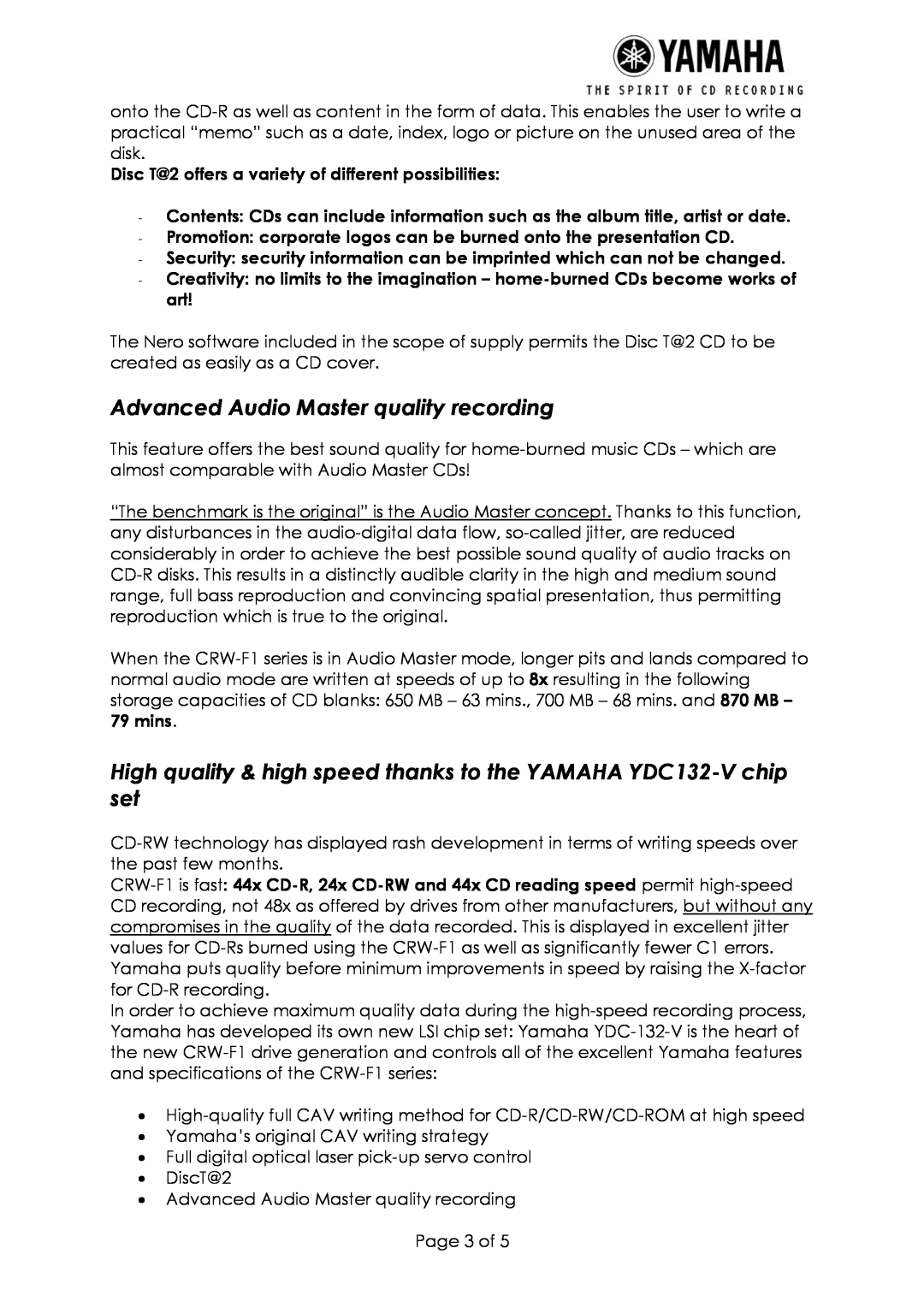 Yamaha CRW-F1 manual Advanced Audio Master quality recording 