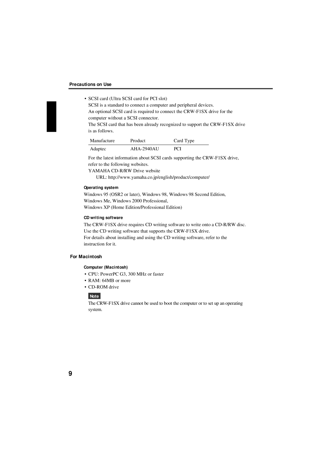 Yamaha CRW-F1SX manual For Macintosh, Operating system, CD writing software, Computer Macintosh 