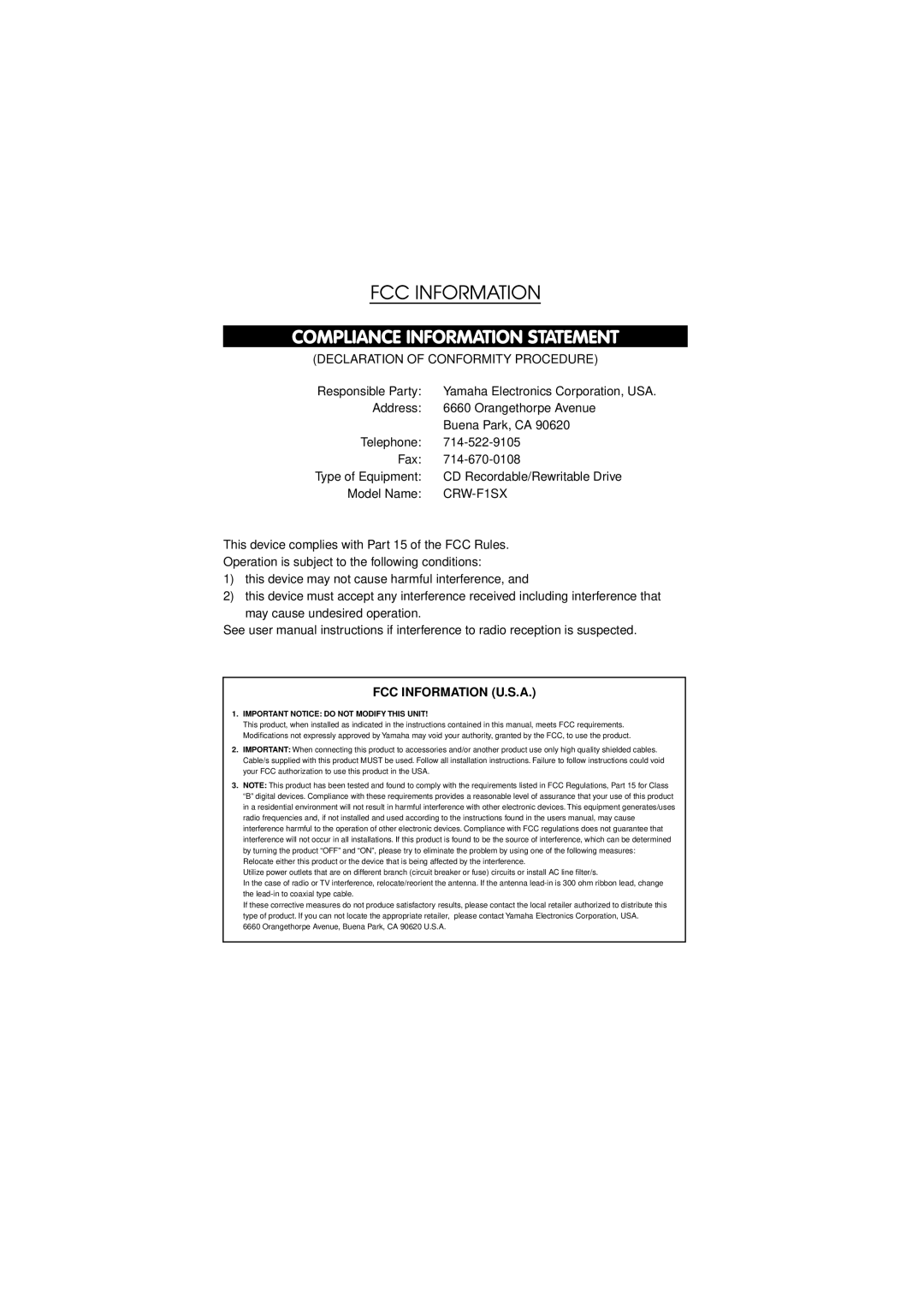 Yamaha CRW-F1SX manual FCC Information U.S.A 