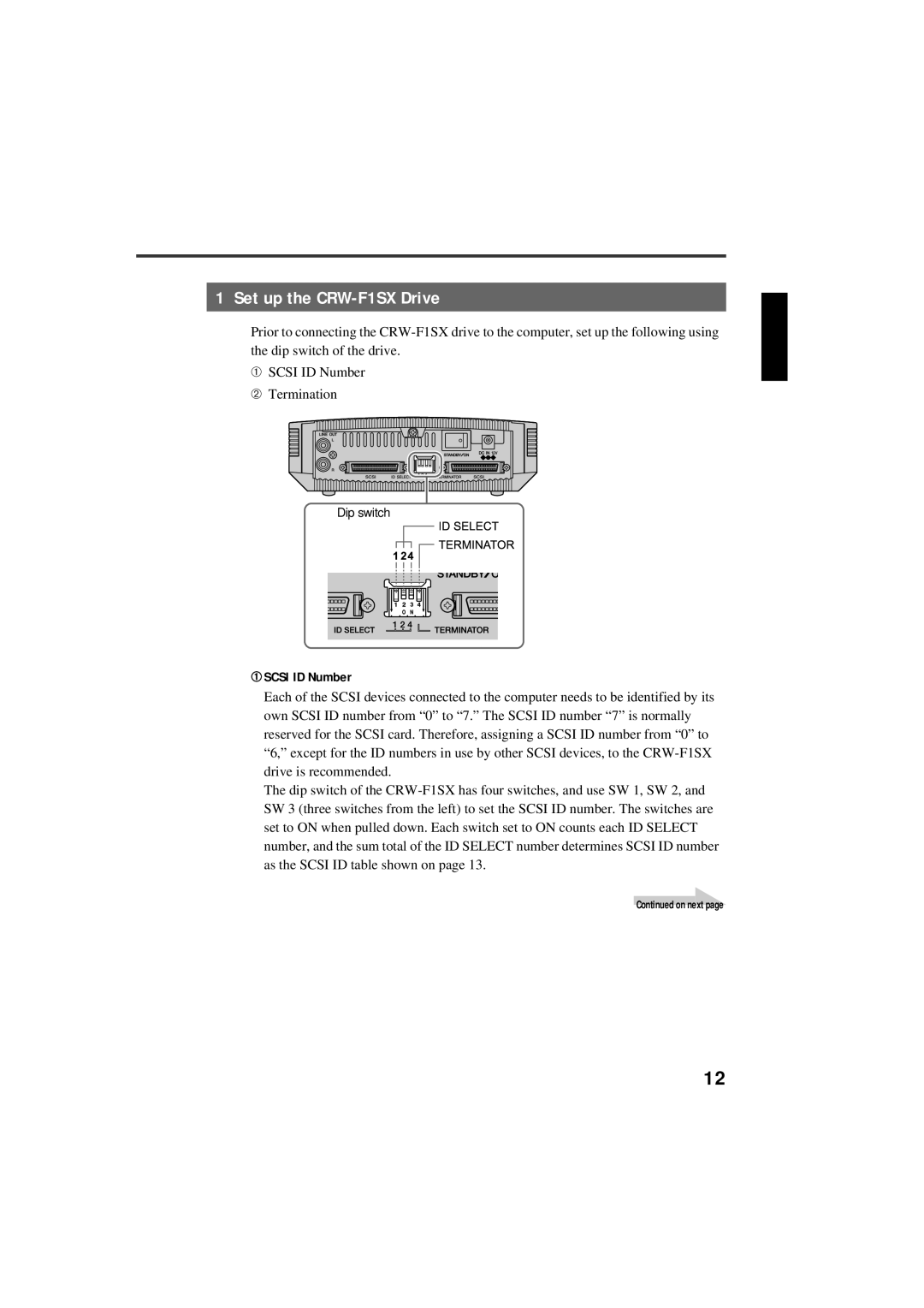 Yamaha manual Set up the CRW-F1SX Drive, ➀ Scsi ID Number 