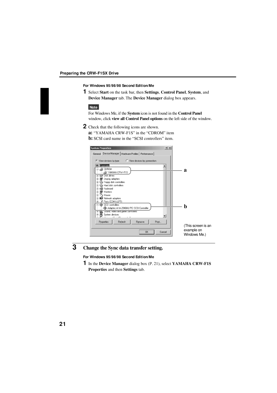 Yamaha CRW-F1SX manual Change the Sync data transfer setting, For Windows 95/98/98 Second Edition/Me 