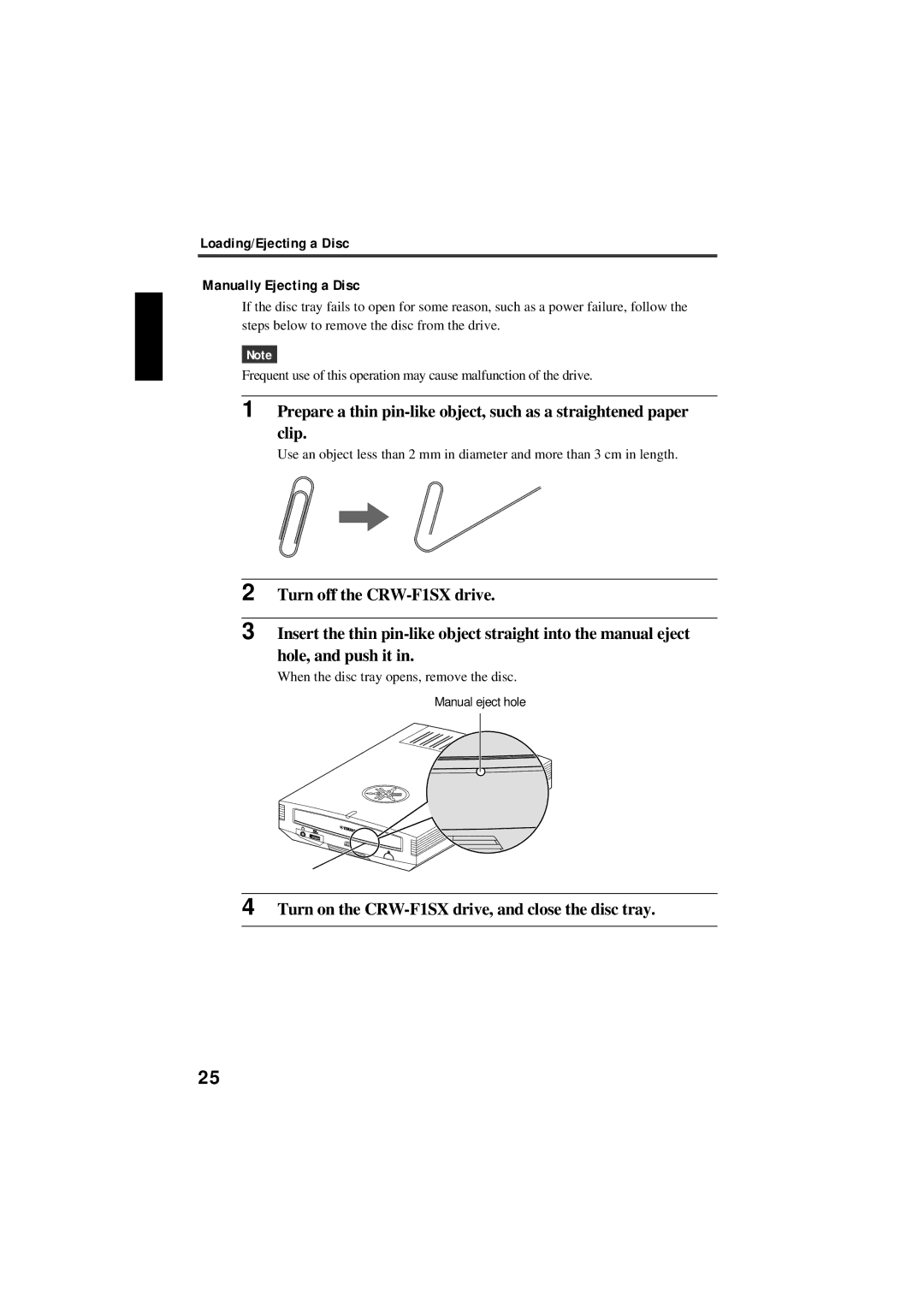 Yamaha CRW-F1SX manual Loading/Ejecting a Disc Manually Ejecting a Disc 