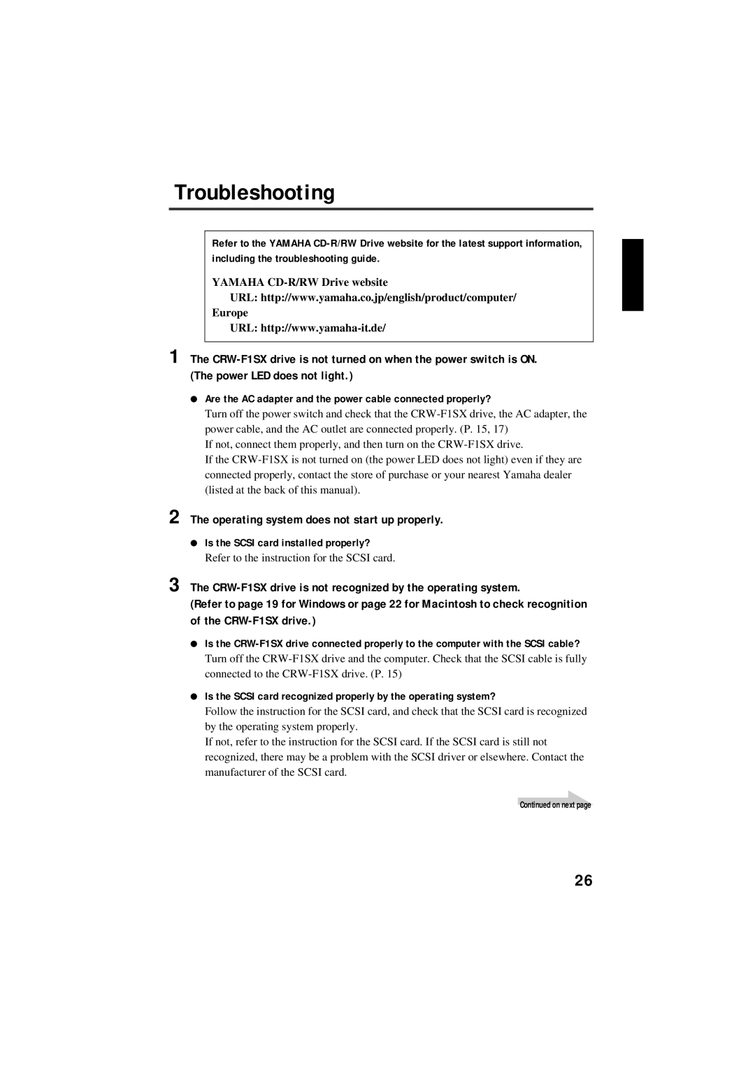 Yamaha CRW-F1SX manual Troubleshooting, Operating system does not start up properly, Is the Scsi card installed properly? 