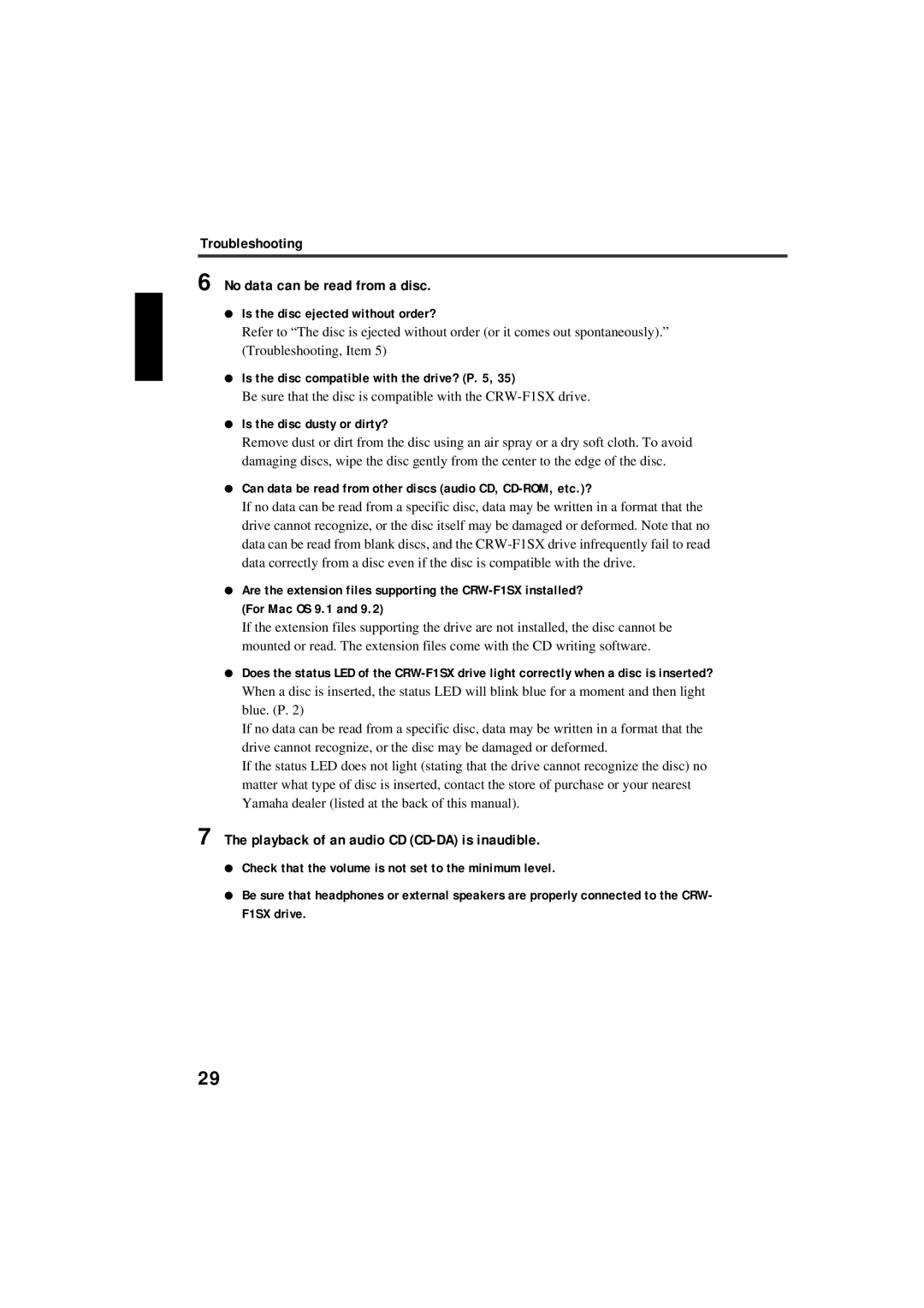 Yamaha CRW-F1SX manual Troubleshooting No data can be read from a disc, Playback of an audio CD CD-DA is inaudible 