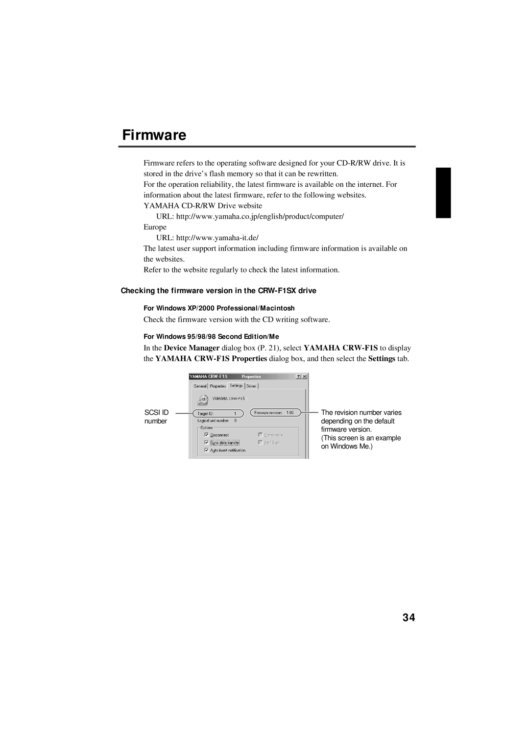 Yamaha manual Firmware, Checking the firmware version in the CRW-F1SX drive, For Windows XP/2000 Professional/Macintosh 