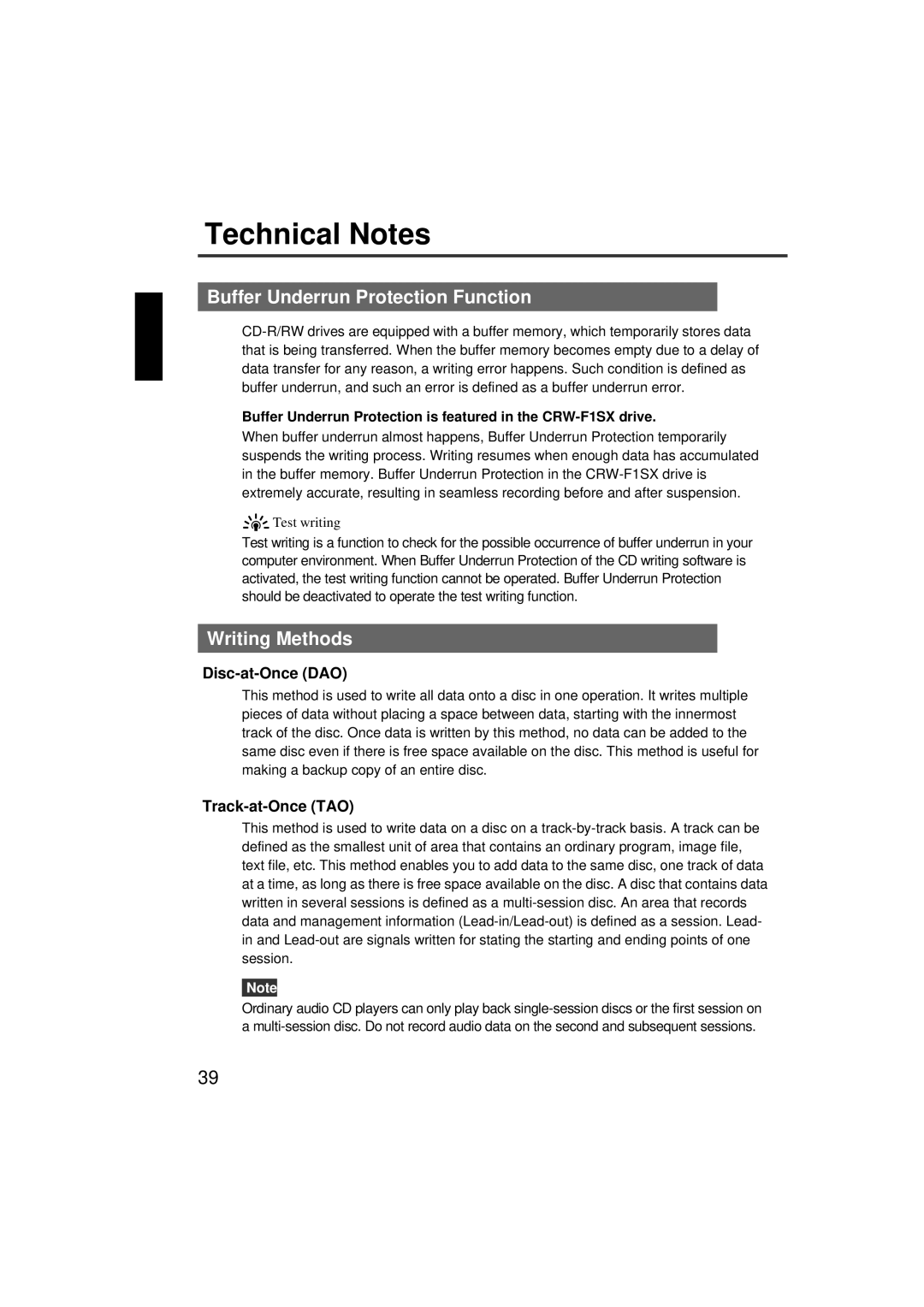 Yamaha CRW-F1SX Technical Notes, Buffer Underrun Protection Function, Writing Methods, Disc-at-Once DAO, Track-at-Once TAO 